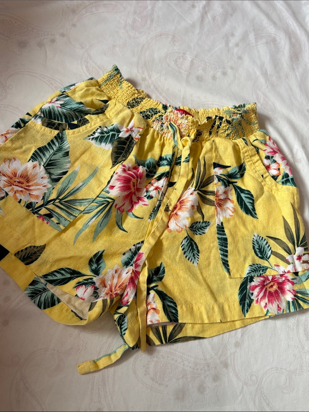 GUESS Yellow Tropical Floral High-Waist Shorts